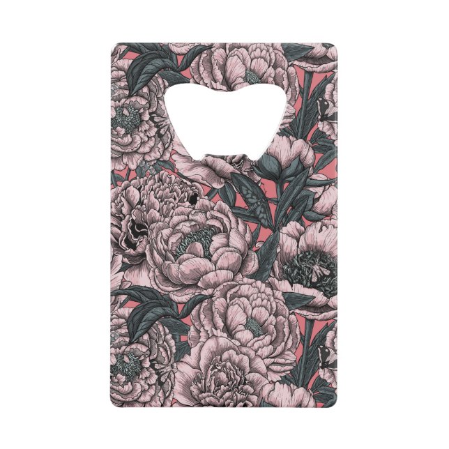 Pink peony flowers and moths credit card bottle opener (Front)