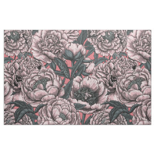 Pink peony flowers and moths fabric