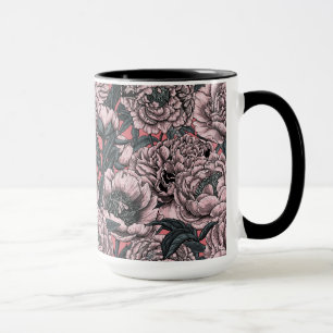 Pink peony flowers and moths mug