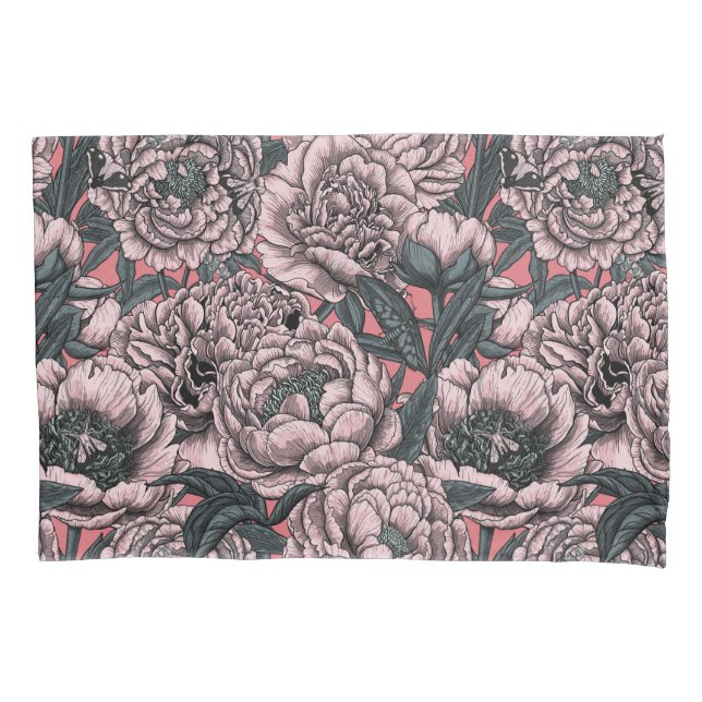 Pink peony flowers and moths pillowcase (Front-Left)