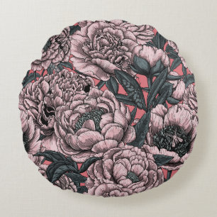 Pink peony flowers and moths round pillow