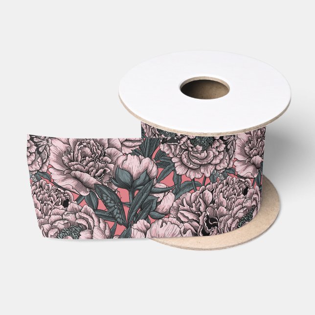 Pink peony flowers and moths satin ribbon (Spool)
