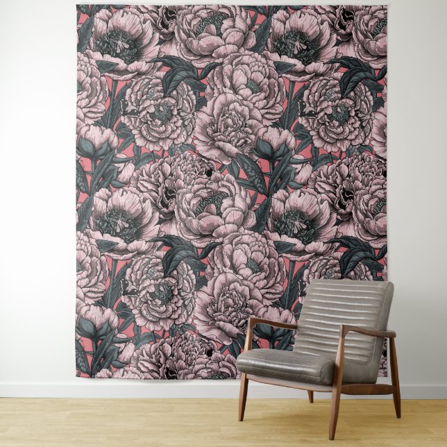 Pink peony flowers and moths tapestry (In Situ)