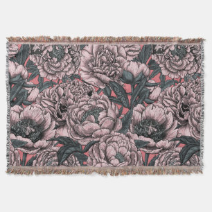 Pink peony flowers and moths throw blanket