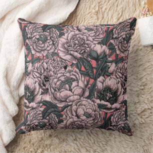 Pink peony flowers and moths throw pillow