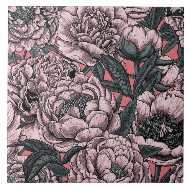 Pink peony flowers and moths tile (Front)