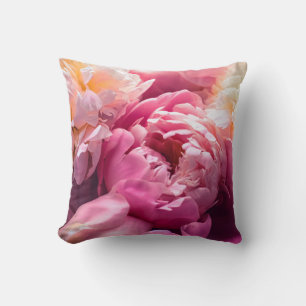 Pink peony flowers as floral art background, botan throw pillow