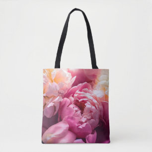Pink peony flowers as floral art background, botan tote bag