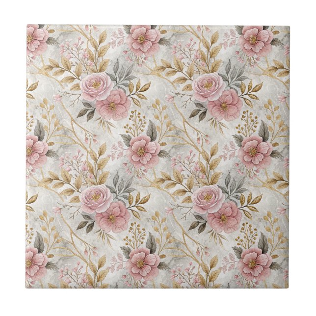 Pink Peony Flowers Botanical Floral Pattern Art Tile (Front)