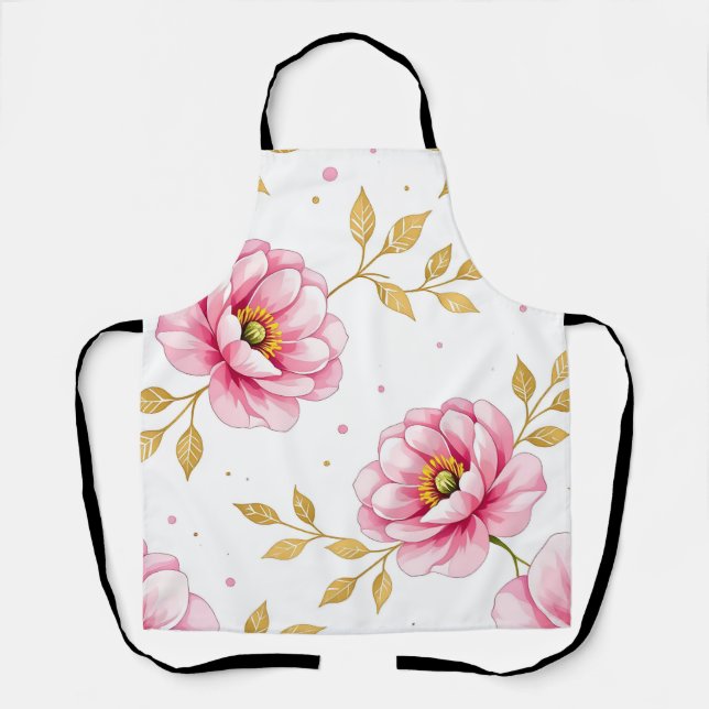 Pink Peony Flowers Golden Leaves Pattern Apron (Front)