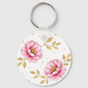 Pink Peony Flowers Golden Leaves Pattern Keychain