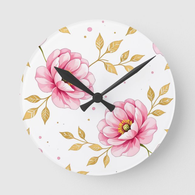 Pink Peony Flowers Golden Leaves Pattern Round Clock (Front)