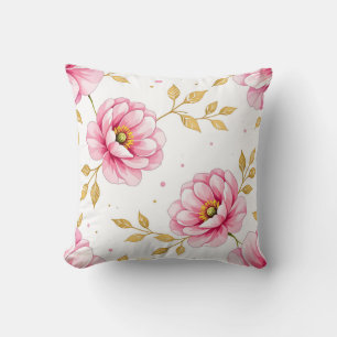 Pink Peony Flowers Golden Leaves Pattern Throw Pillow
