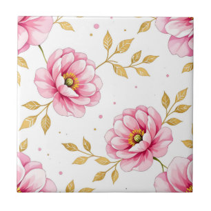 Pink Peony Flowers Golden Leaves Pattern Tile