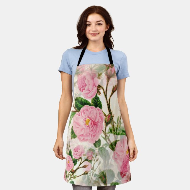 Pink Peony Flowers, Leaves & Buds Pattern  Apron (Worn)