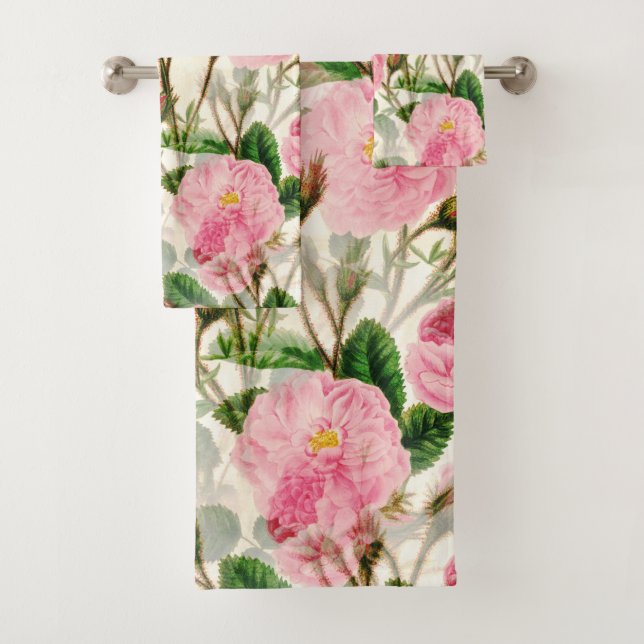 Pink Peony Flowers, Leaves & Buds Pattern  Bath Towel Set (Insitu)