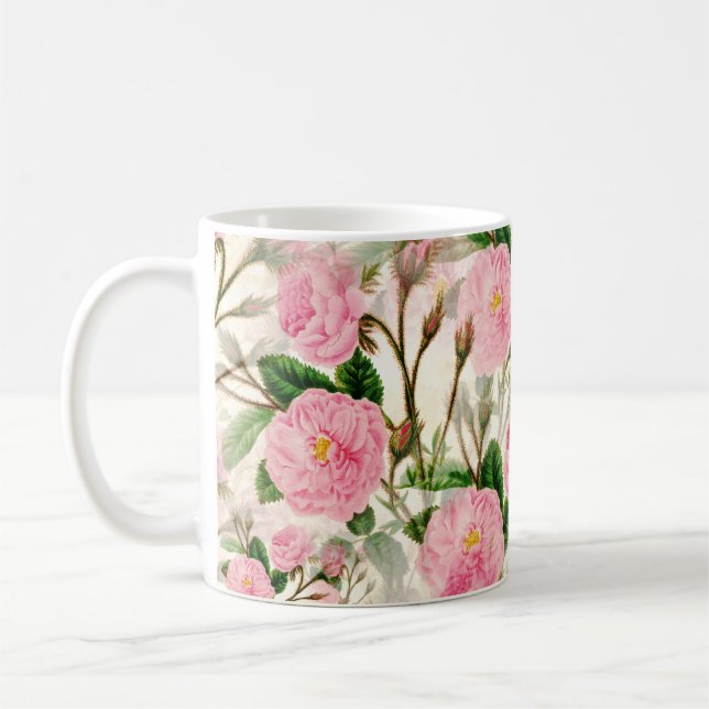 Pink Peony Flowers, Leaves & Buds Pattern  Coffee Mug (Left)