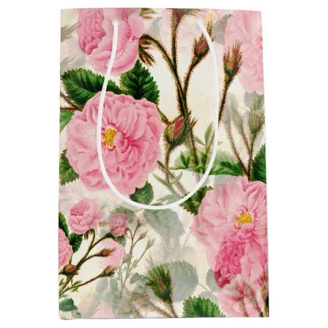 Pink Peony Flowers, Leaves & Buds Pattern  Medium Gift Bag (Front)