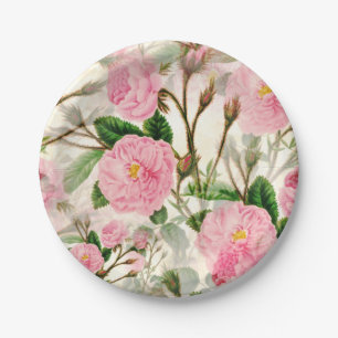 Pink Peony Flowers, Leaves & Buds Pattern  Paper Plate