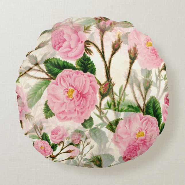 Pink Peony Flowers, Leaves & Buds Pattern Round Pillow (Front)