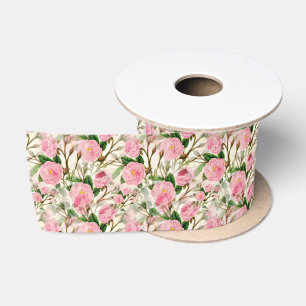 Pink Peony Flowers, Leaves & Buds Pattern Satin Ribbon
