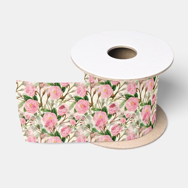 Pink Peony Flowers, Leaves & Buds Pattern  Satin Ribbon (Spool)