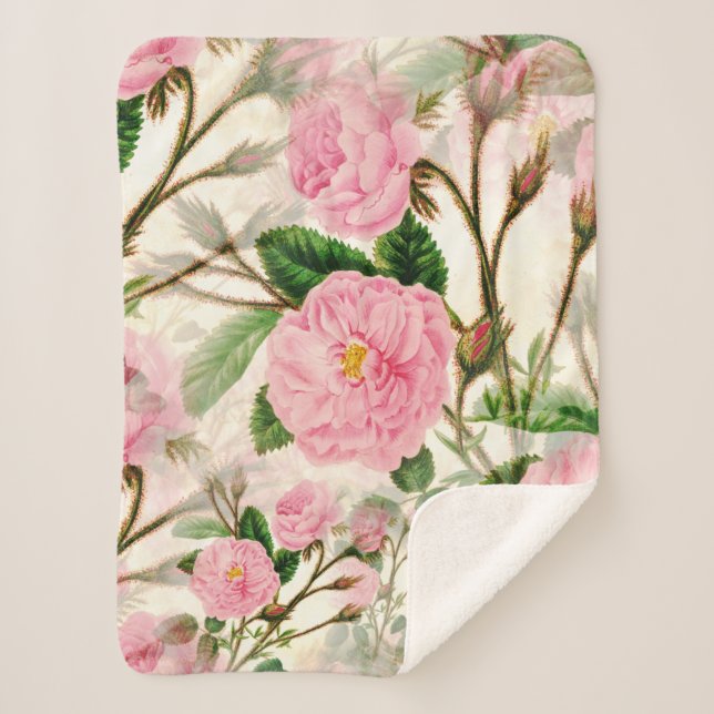 Pink Peony Flowers, Leaves & Buds Pattern  Sherpa Blanket (Front)