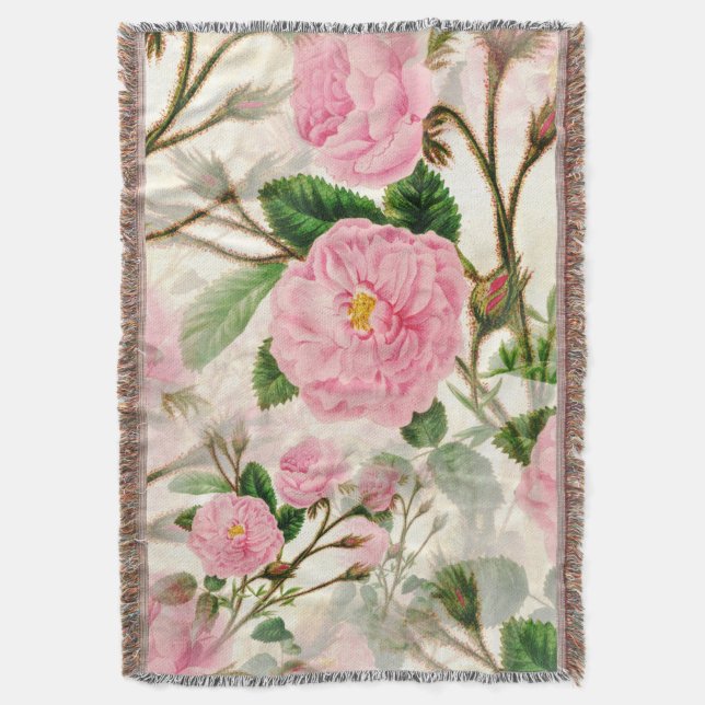 Pink Peony Flowers, Leaves & Buds Pattern  Throw Blanket (Front Vertical)