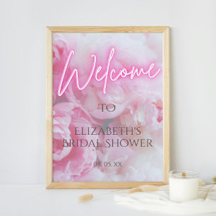 Pink Peony Flowers Neon Glow Welcome Bridal Shower Poster