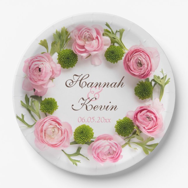 Pink peony flowers paper plate (Front)