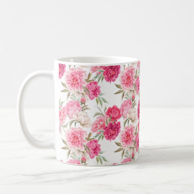 Pink peony flowers seamless pattern coffee mug (Left)
