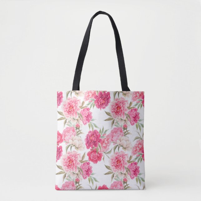 Pink peony flowers seamless pattern tote bag (Front)