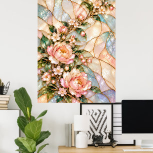 Pink Peony Flowers with Blue Mother of Pearl Flora Poster