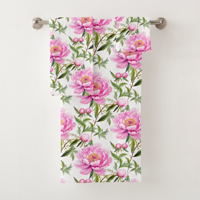 Pink Peony Flowers with Sage Green Leaves Bath Towel Set (Insitu)