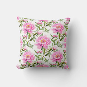 Pink Peony Flowers with Sage Green Leaves Throw Pillow