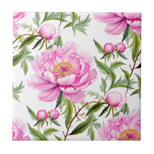 Pink Peony Flowers with Sage Green Leaves Tile (Front)