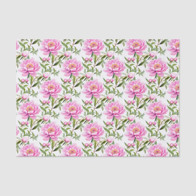 Pink Peony Flowers with Sage Green Leaves Tissue Paper (Front)