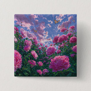 Pink Peony Garden Art with Butterflies 2 Inch Square Button