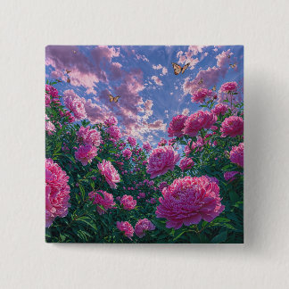 Pink Peony Garden Art with Butterflies 2 Inch Square Button
