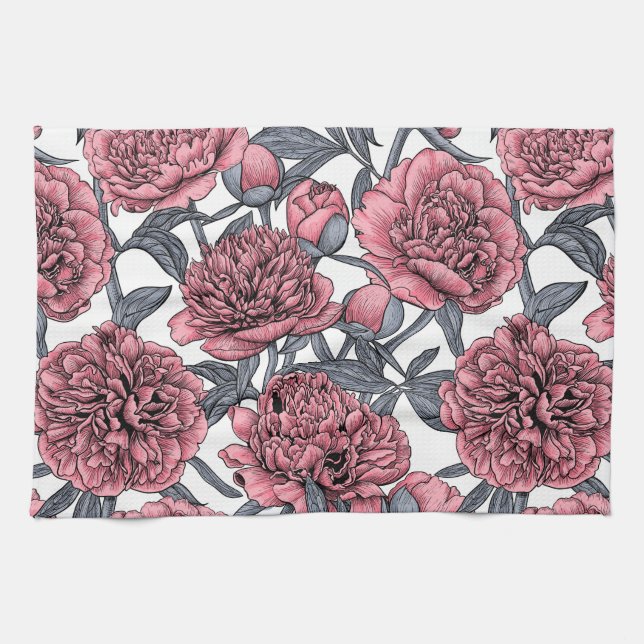 Pink peony garden kitchen towel (Horizontal)