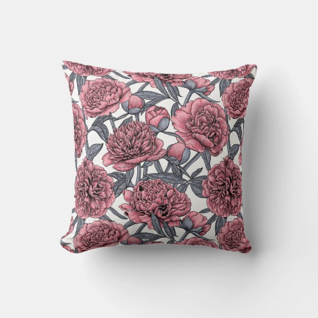 Pink peony garden throw pillow (Front)