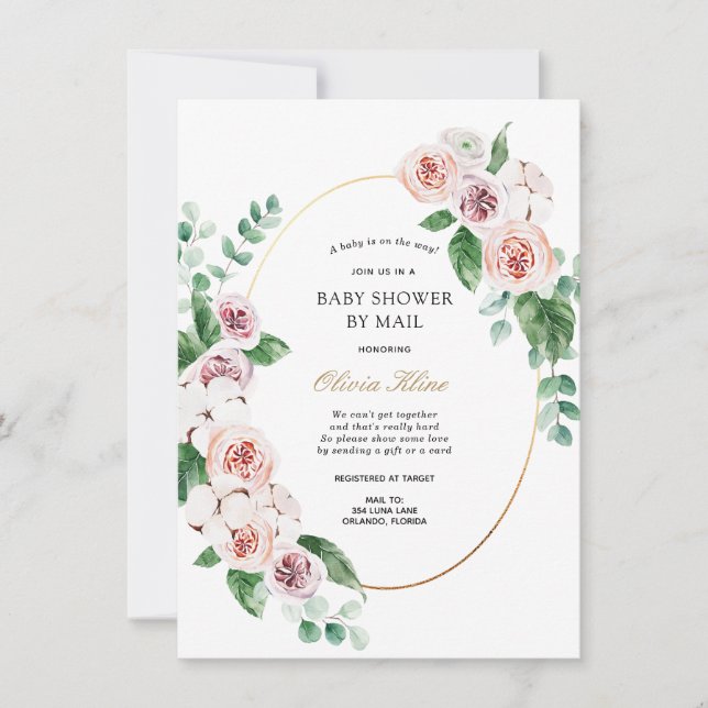 Pink Peony Gold Frame Baby Shower by Mail Invitation (Front)