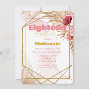 Pink Peony Gold Glitter 18th Birthday Party Invitation