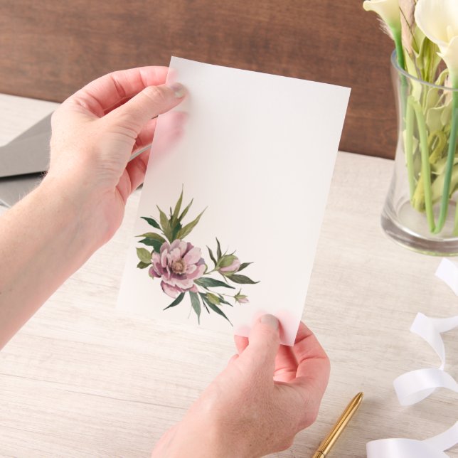 Pink Peony Green Leaves Overlay Vellum Invitations (Handheld)