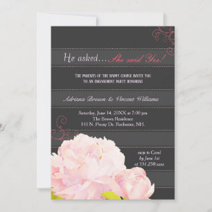Pink Peony Grey Stripes Wedding Engagement Invitation