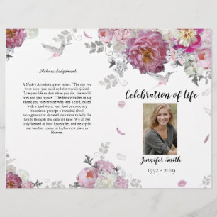 Pink Peony Hydrangea Hummingbird Funeral Program  Flyer