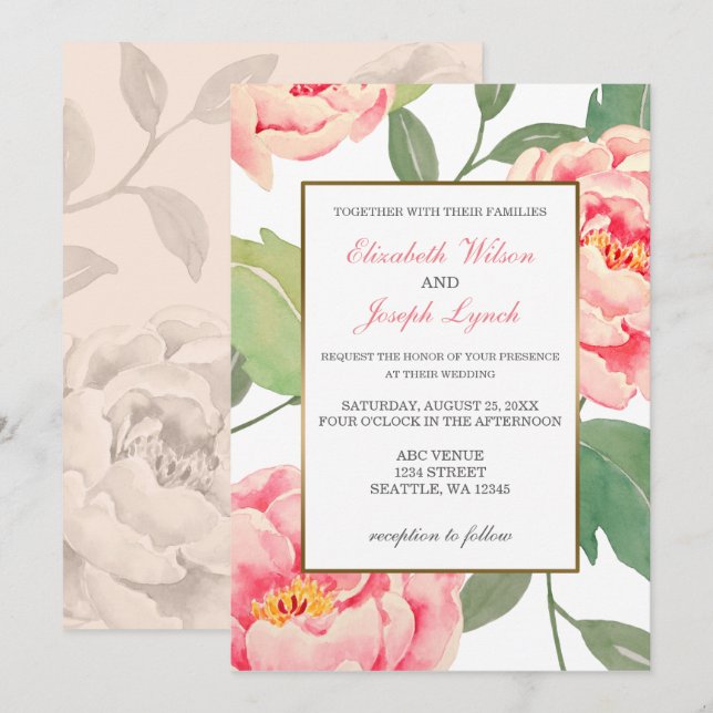 Pink Peony Invitations de mariage florales (Devant / Derrière)