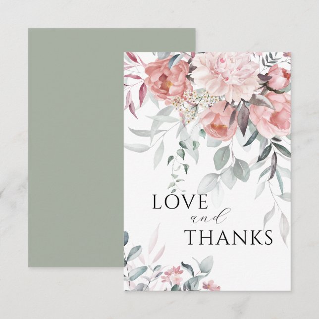 Pink Peony Love & Thanks Wedding Thank You Card (Front/Back)