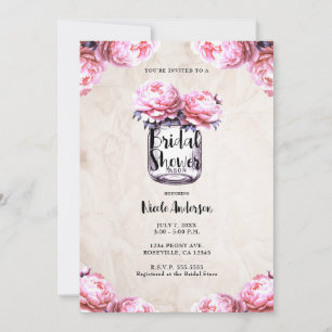 Pink Peony Mason Jar Rustic Bridal Shower Invitation