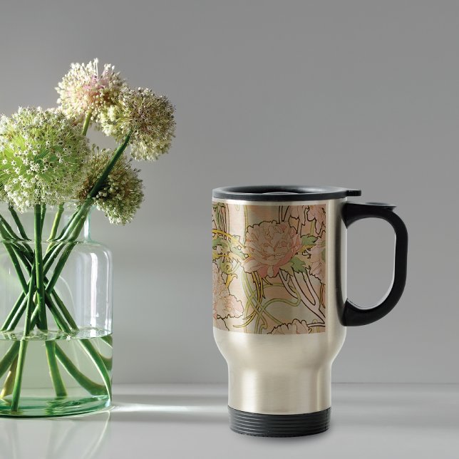 Pink Peony Pattern Alphonse Mucha Travel Mug (Creator Uploaded)